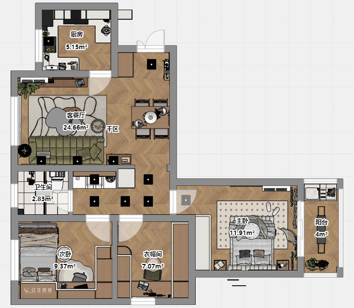 蒋琛｜银龙雅苑11-3-212-85㎡-现代原木风｜3室1厅1卫｜新房装修｜定制家｜全包11万｜00_03平面彩图